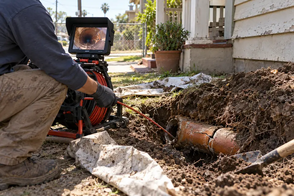 Sewer camera inspection and clay lateral repair in Downtown Colton