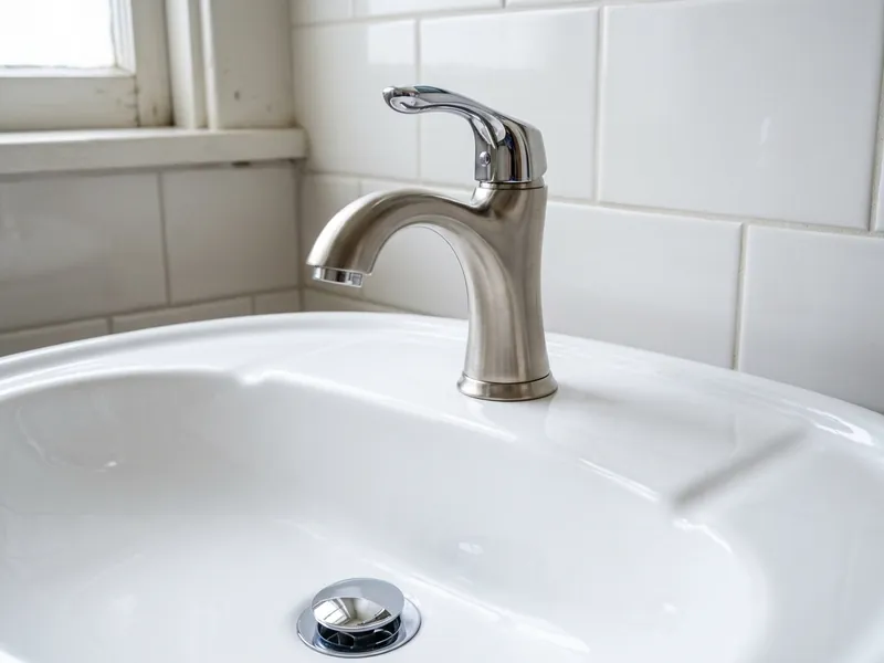 Brand new brushed nickel faucet and polished pop-up drain on restored basin