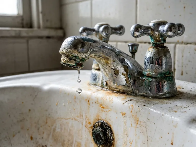 Deteriorated corroded dripping bathroom sink faucet with heavy limescale