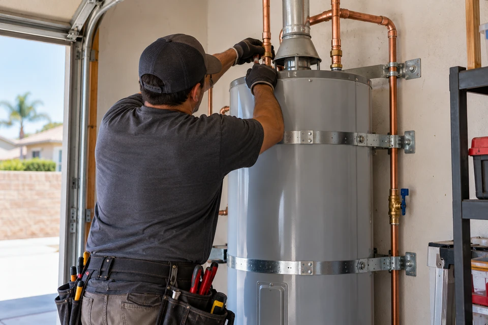 Water heater replacement with seismic straps in Grand Terrace