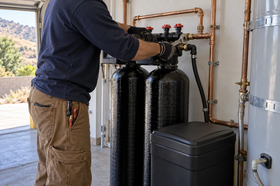Water softener installation in a Reche Canyon garage
