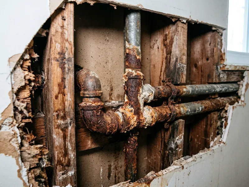 Corroded rusted galvanized water supply pipe inside wall cavity in Colton home