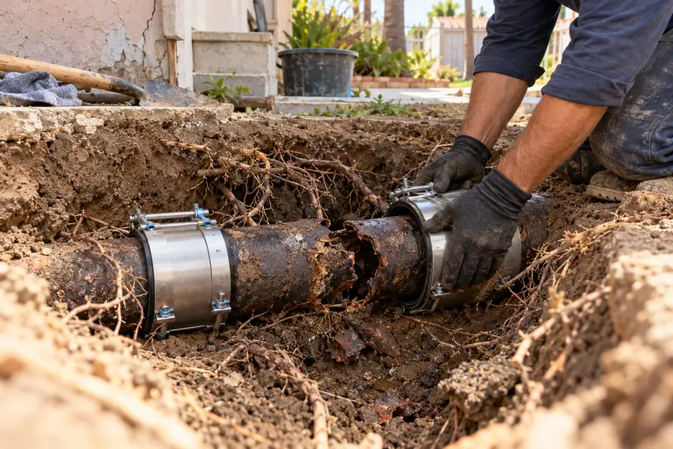 Cast iron sewer main repair near Riverside Avenue in Rialto