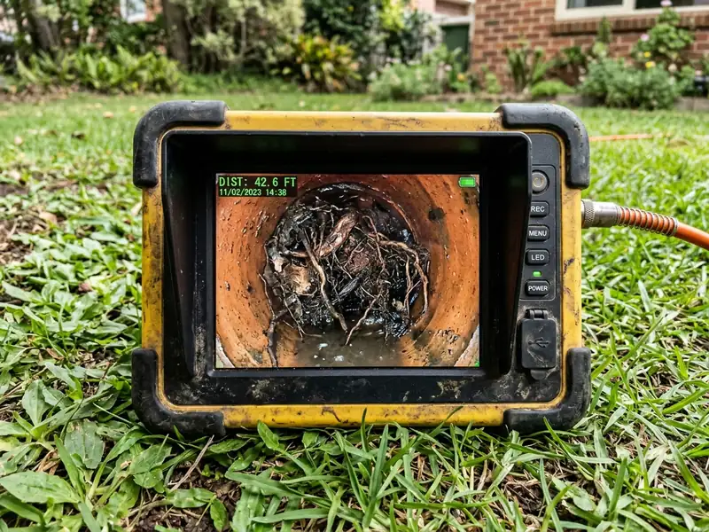 Underground sewer camera monitor showing dense root clog blocking clay pipe